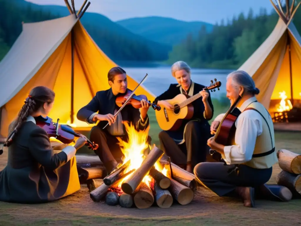 Un grupo de músicos tradicionales se reúnen alrededor de una fogata, tocando instrumentos como violines, flautas y guitarras en el Festival de Cambridge música tradicional