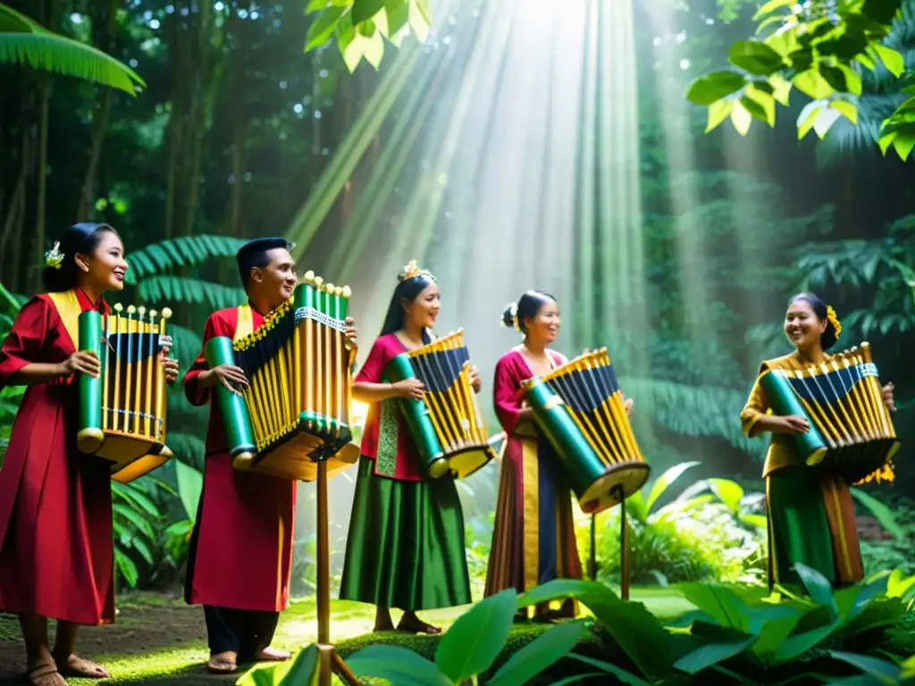 Grupo de músicos tradicionales indonesios tocando angklung en el bosque exuberante, creando una atmósfera serena y encantadora