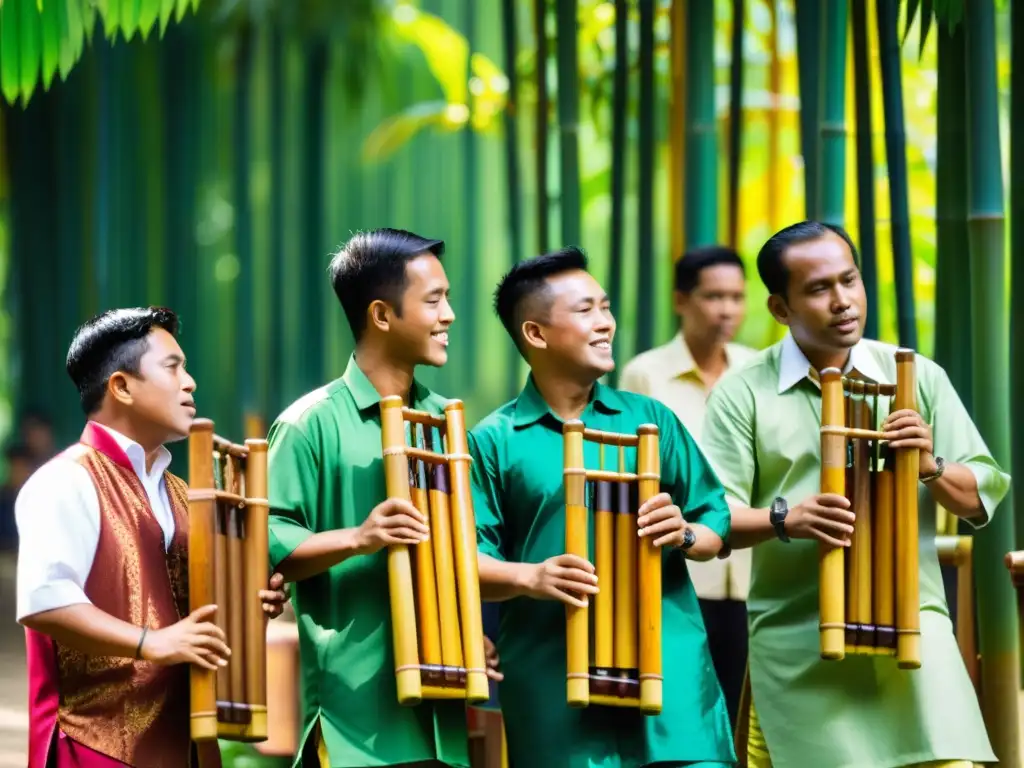 Un grupo de músicos tradicionales indonesios toca el angklung bajo un dosel verde exuberante