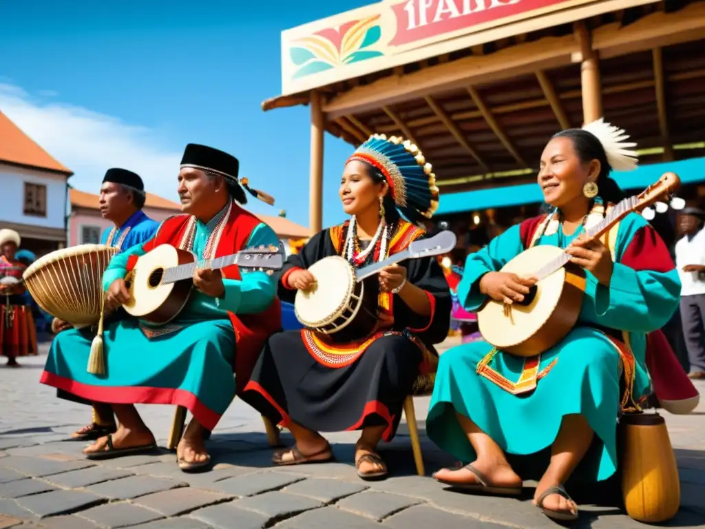 Grupo de músicos tradicionales tocando instrumentos en una animada plaza