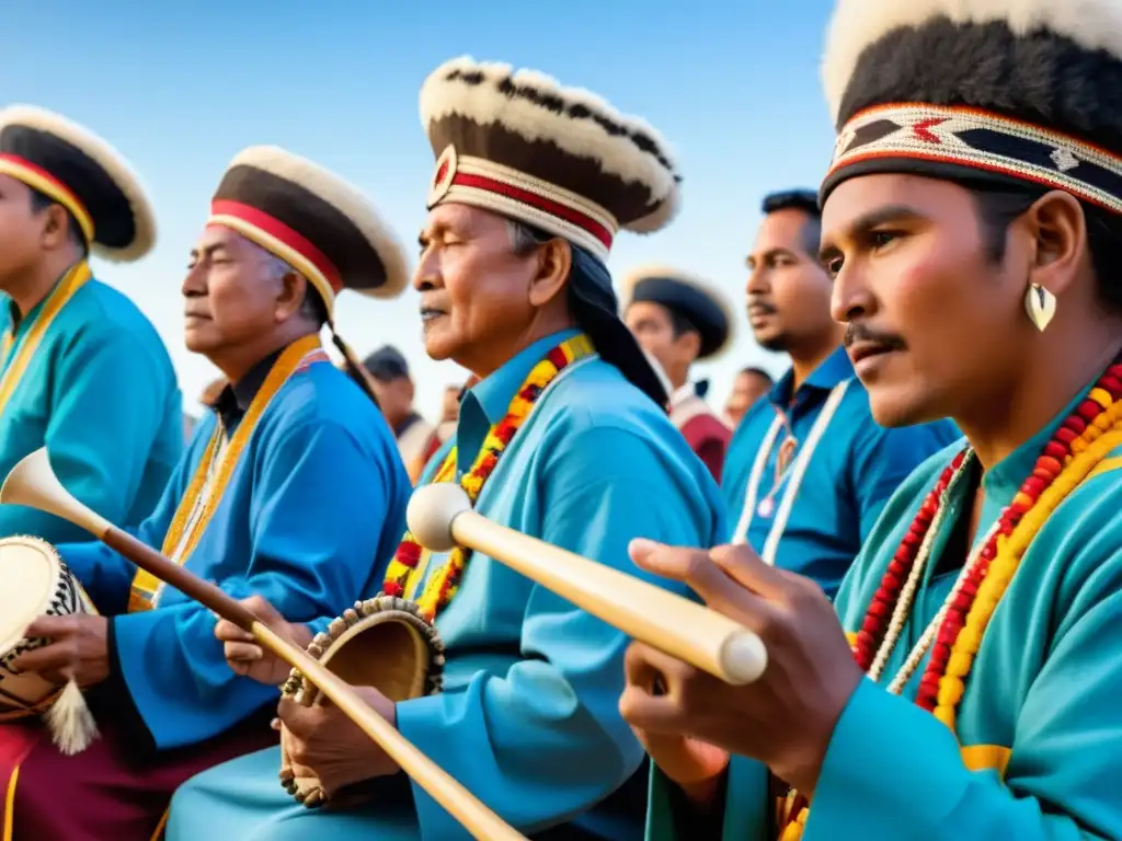 Grupo de músicos tradicionales tocando instrumentos indígenas en un festival cultural vibrante, mostrando la identidad nacional a través de la música