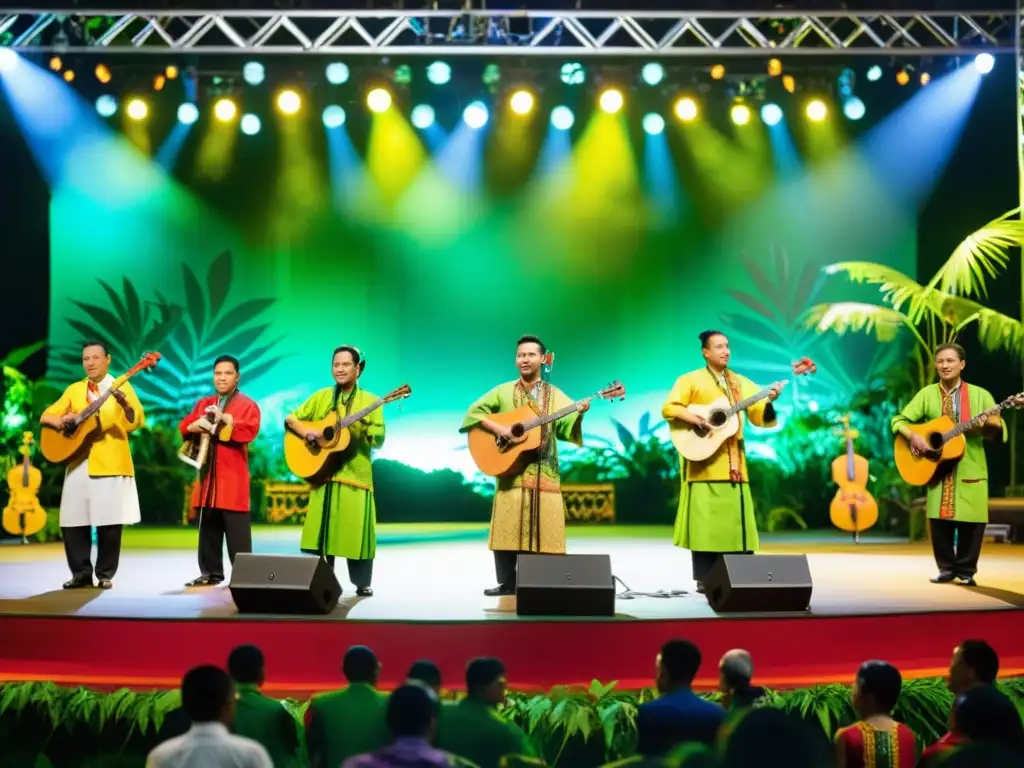 Grupo de músicos tradicionales malasios en vibrante actuación en el Festival Rainforest World Music Malasia, rodeados de exuberante selva tropical