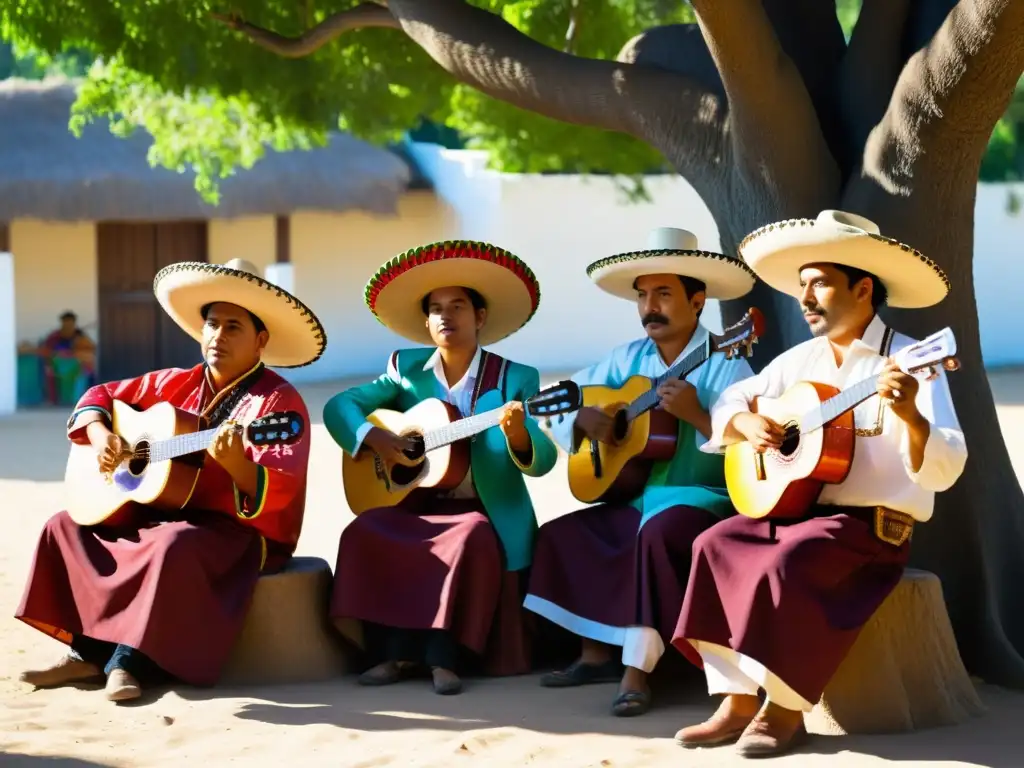 Grupo de músicos tradicionales mexicanos tocando bajo un árbol en el Festival de música tradicional Paracho, con luz cálida entre las hojas