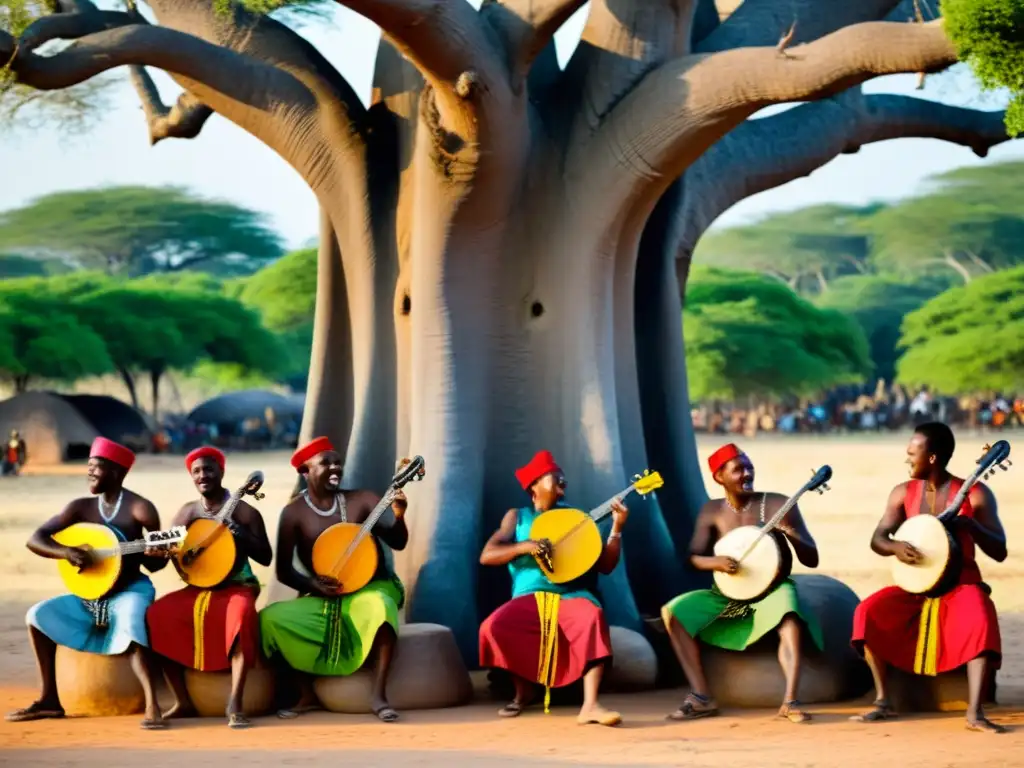 Un grupo de músicos tradicionales mozambiqueños toca el chitende bajo un baobab, irradiando orgullo y pasión cultural