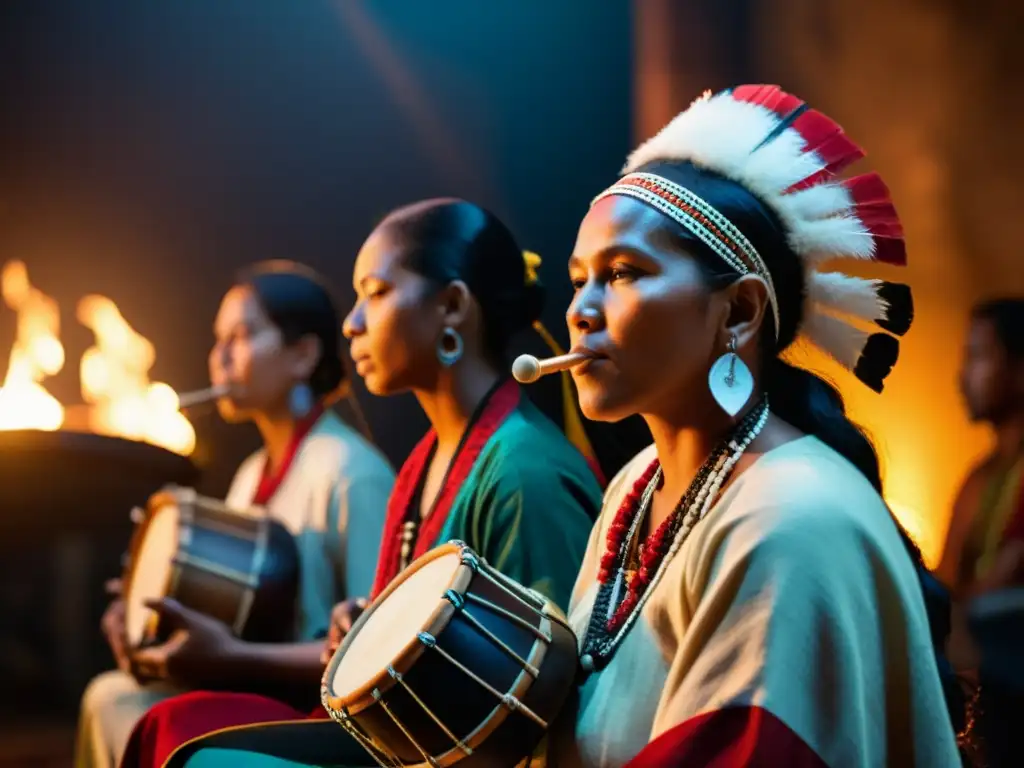 Un grupo de músicos tradicionales del mundo tocan instrumentos en un entorno atmosférico, reflejando la rica herencia cultural de la música