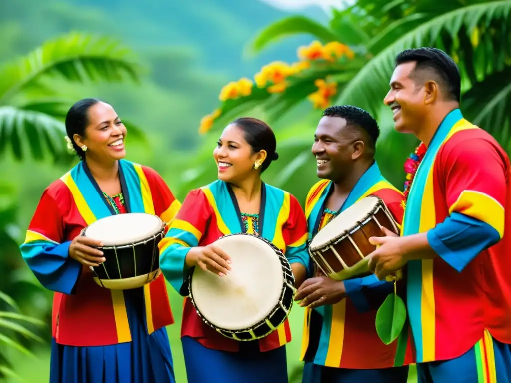 Grupo de músicos tradicionales panameños tocando el tamborito, con trajes coloridos y exuberante vegetación