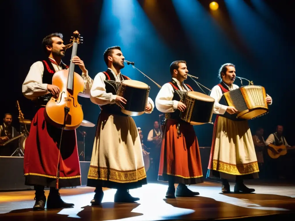 Grupo de músicos de tamburitzan en trajes folclóricos balcánicos, tocando con pasión en un escenario iluminado, capturando la influencia del tamburitzan en los Balcanes