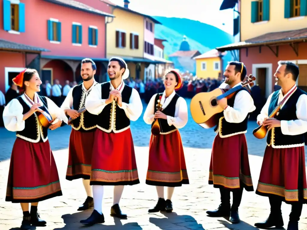 Grupo de músicos de tamburitzan en trajes folclóricos balcánicos, tocando con pasión en una plaza rústica