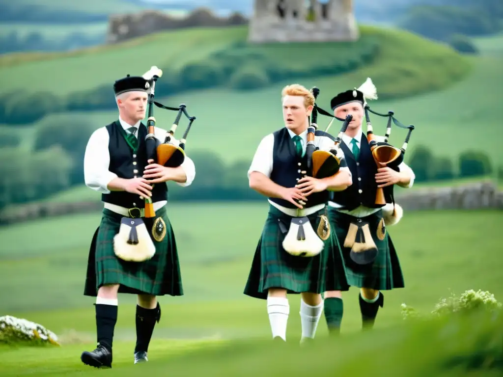 Un grupo de músicos con trajes celtas tocando gaitas en un paisaje de colinas verdes y ruinas antiguas