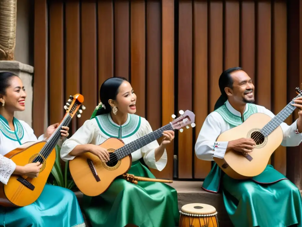 Grupo de músicos con trajes coloniales tocando instrumentos filipinos, reviviendo la riqueza sonora Filipinas