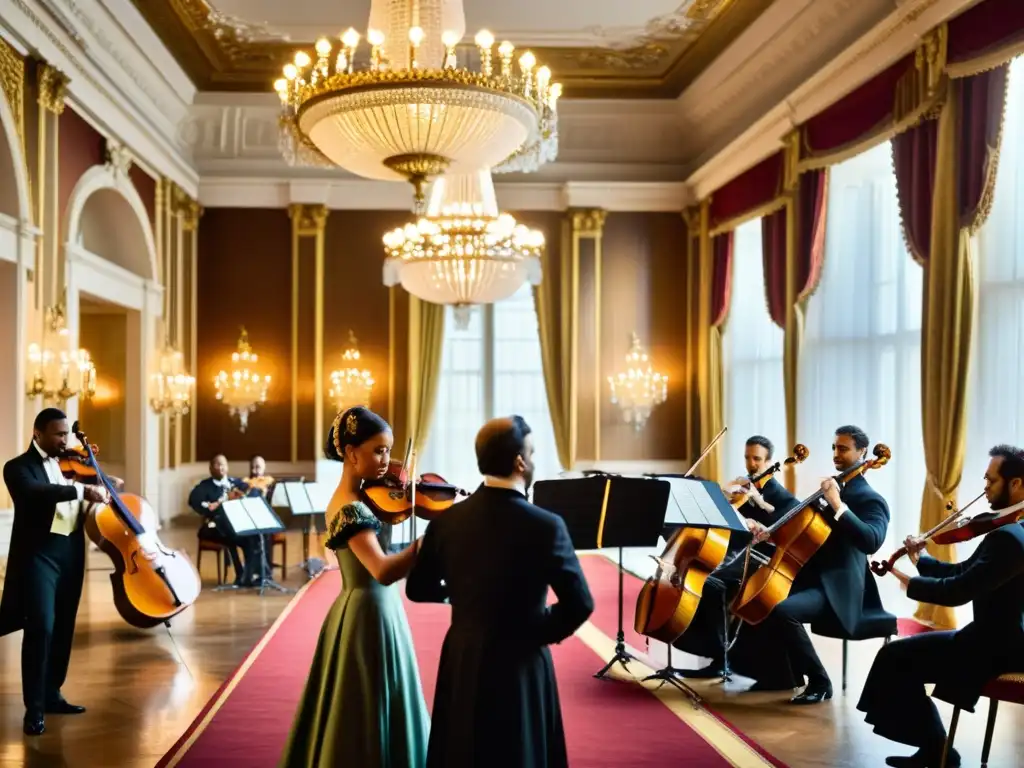 Grupo de músicos en trajes de época tocando instrumentos clásicos en un lujoso salón de baile