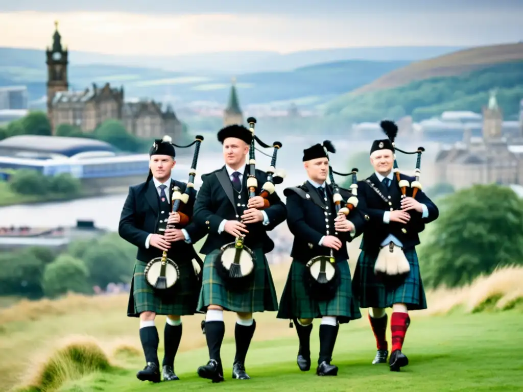 Un grupo de músicos con trajes escoceses tocando gaitas en una colina con vista a Glasgow en el Festival de la Gaita Escocesa Glasgow