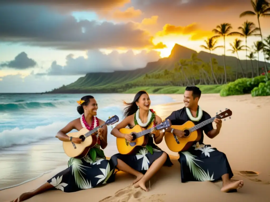 Un grupo de músicos en trajes hawaianos tocando el ukelele en una playa al atardecer