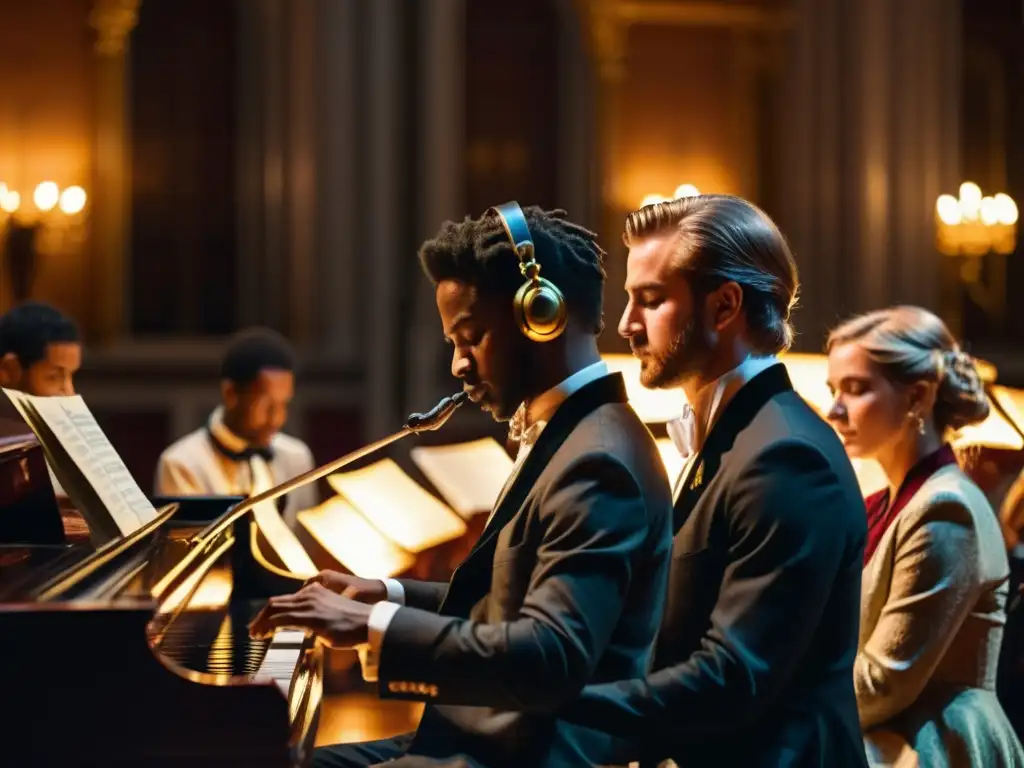 Un grupo de músicos en trajes históricos toca instrumentos antiguos en un majestuoso salón iluminado por velas