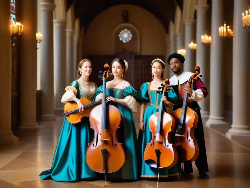 Un grupo de músicos en trajes renacentistas interpretando instrumentos históricos en un salón grandioso