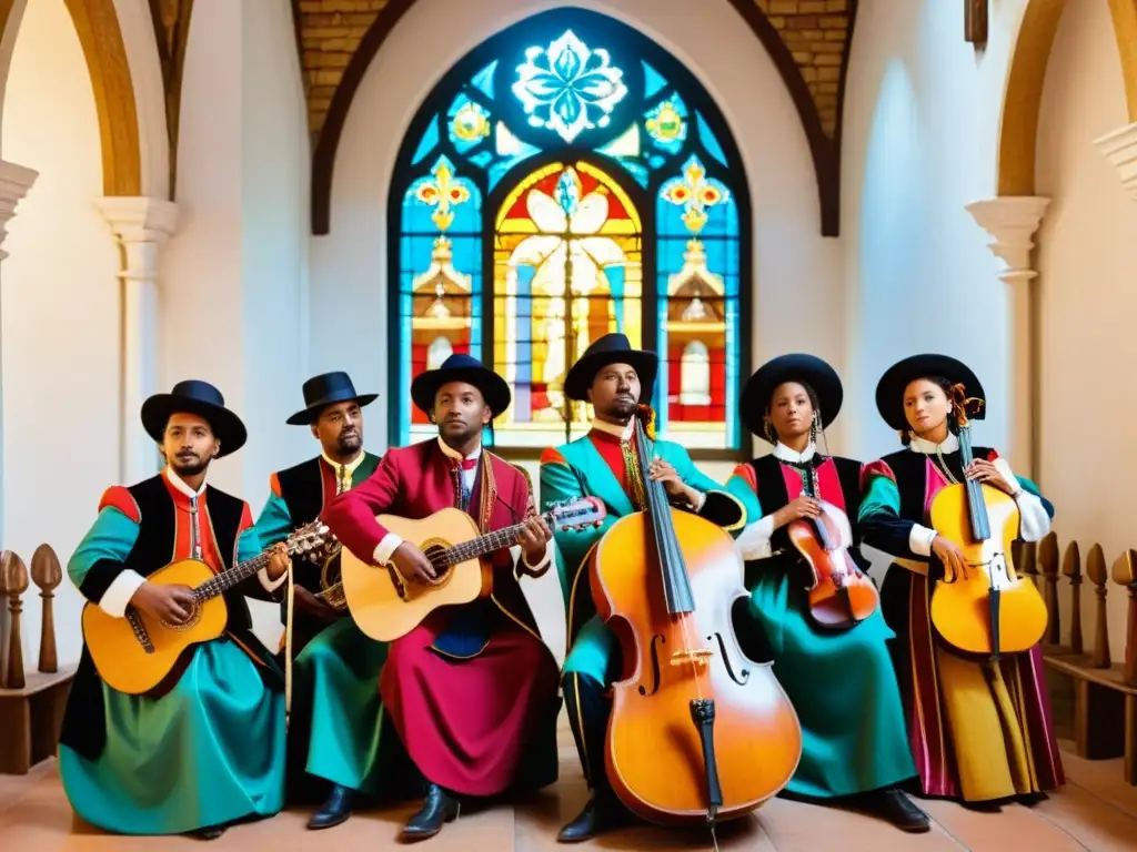 Un grupo de músicos en trajes renacentistas tocando instrumentos en una iglesia histórica en Bolivia, iluminados por luz natural