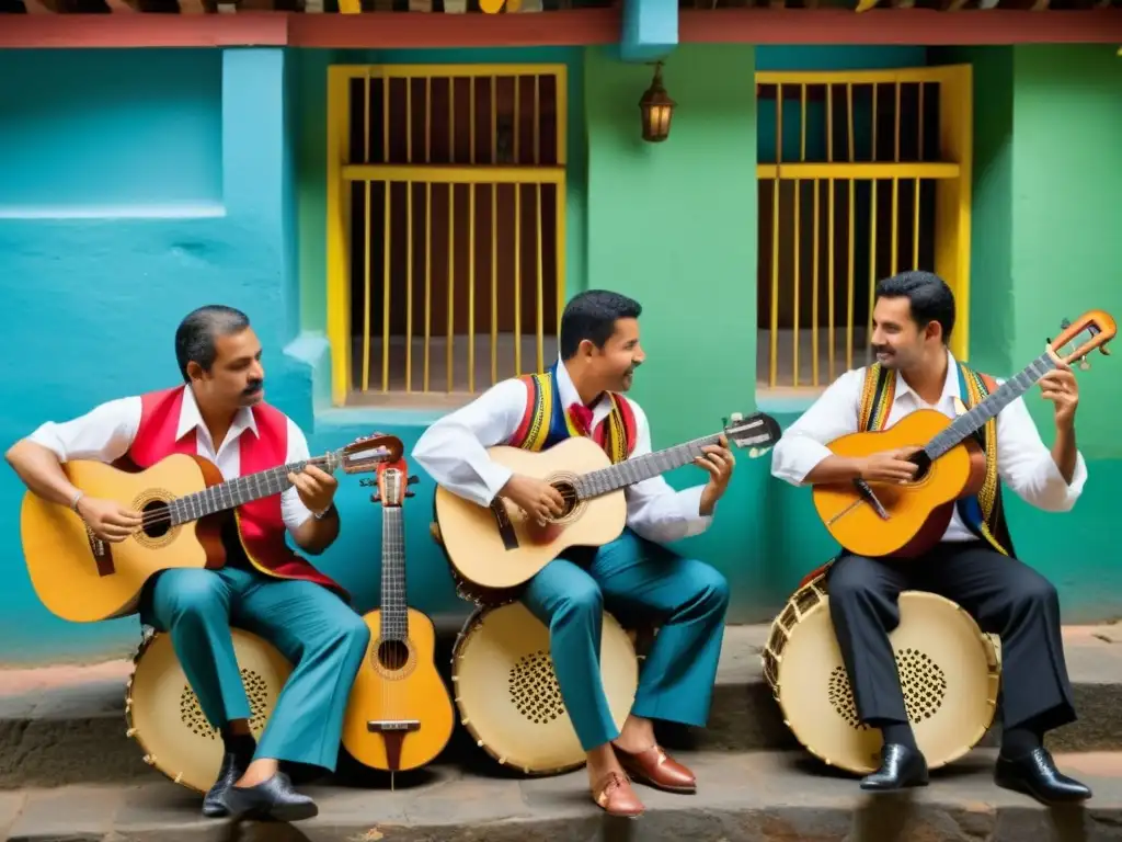 Un grupo de músicos visten trajes tradicionales, tocan el cuatro venezolano en un entorno histórico, evocando la rica historia del cuatro venezolano