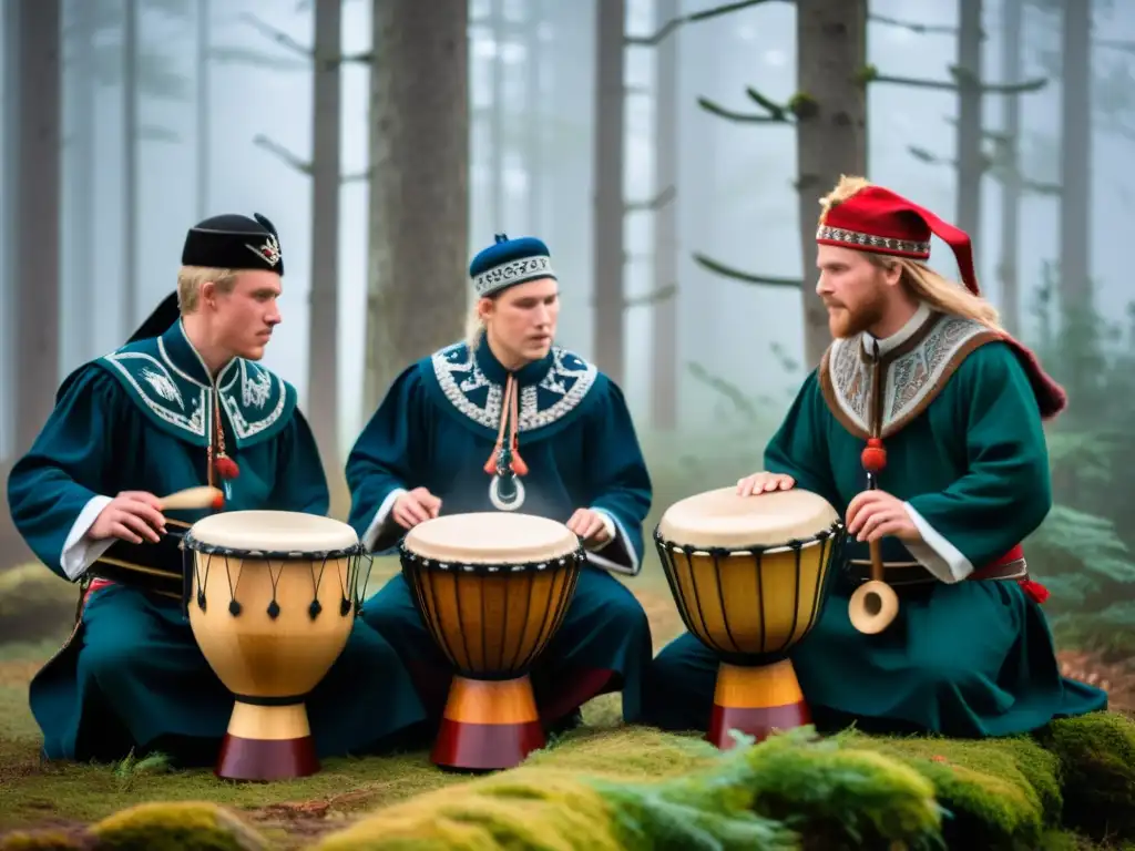 Grupo de músicos en trajes tradicionales tocando instrumentos de percusión en el folk nórdico, rodeados de un bosque neblinoso y místico