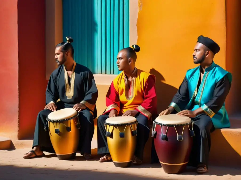 Un grupo de músicos vistiendo trajes tradicionales tocan percusiones narran historias culturales en una escena vibrante al atardecer