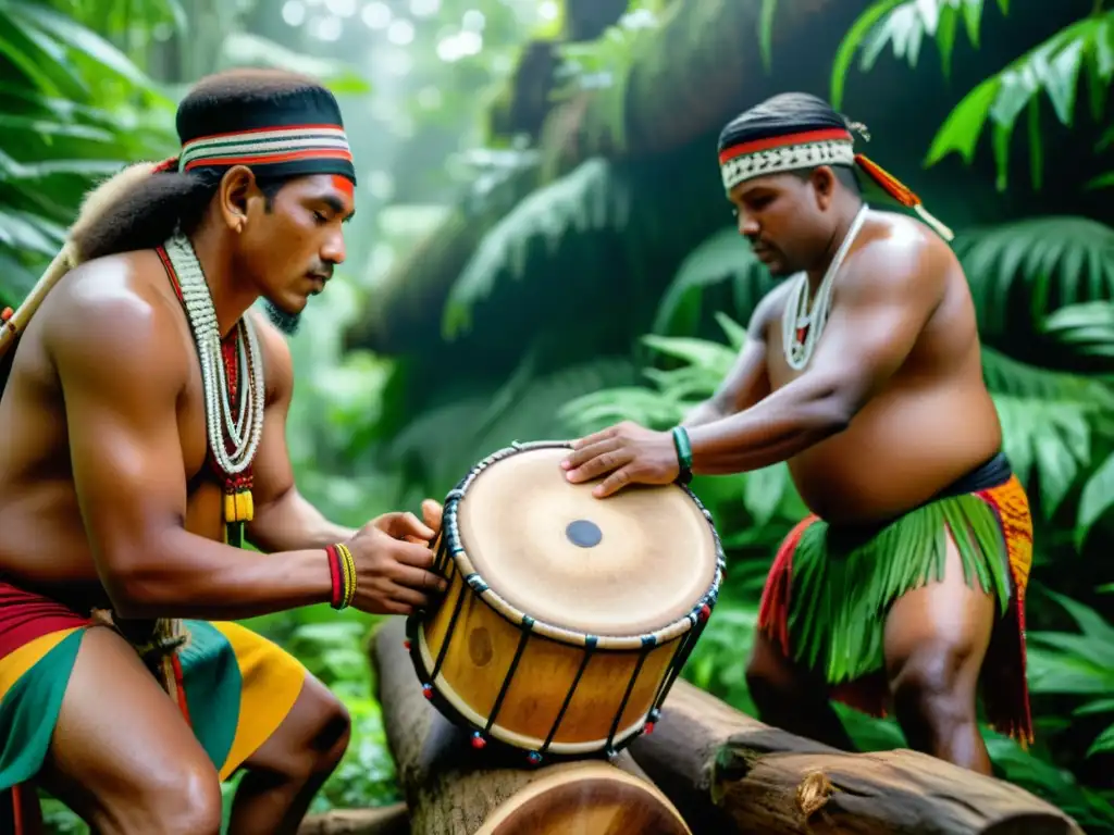 Un grupo de músicos tribales contemporáneos toca el log drum en un exuberante bosque