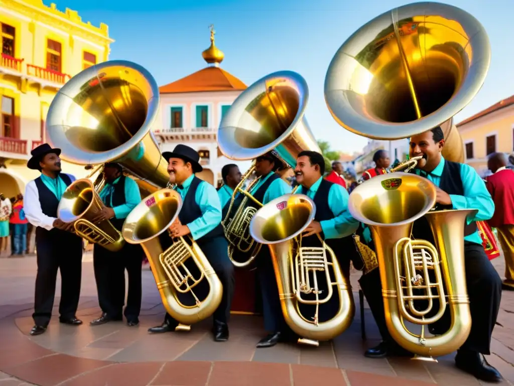 Un grupo de músicos tocando tubas tradicionales en un animado festival cultural en una bulliciosa plaza