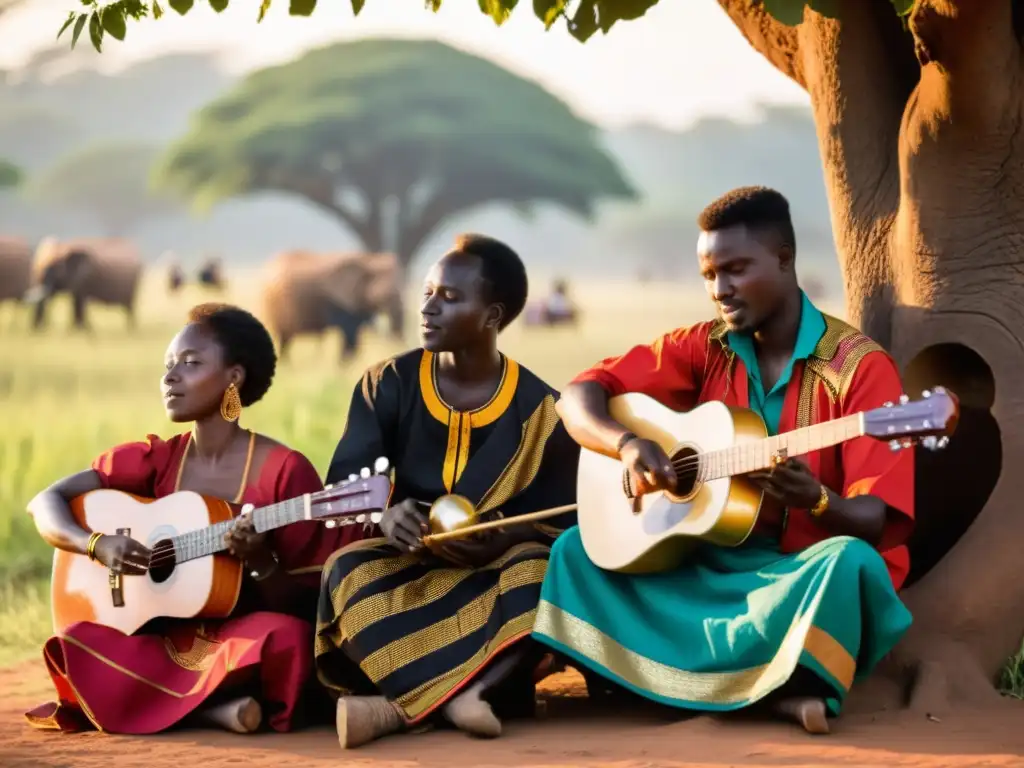 Un grupo de músicos ugandeses toca el adungu bajo un árbol al atardecer, creando una atmósfera cálida y acogedora que refleja la historia del adungu en Uganda