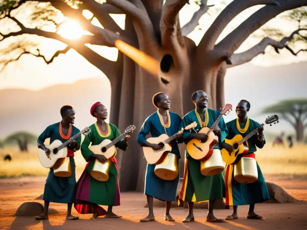 Un grupo de músicos ugandeses toca el adungu bajo un baobab al atardecer, compartiendo la historia del adungu en Uganda