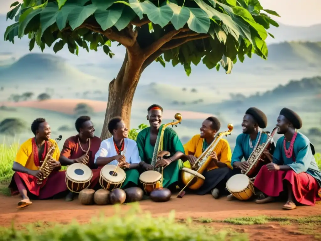 Grupo de músicos ugandeses toca el adungu bajo un árbol, en paisaje verde