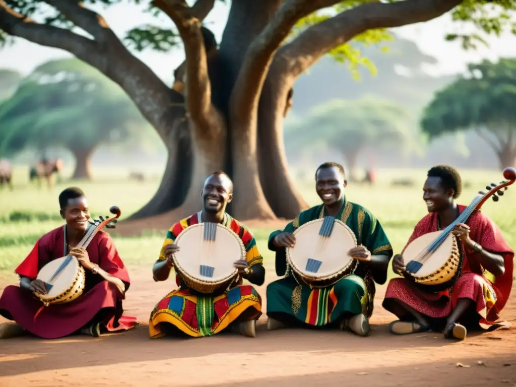 Grupo de músicos ugandeses tocando el Endongo bajo un árbol, resaltando la importancia cultural del Endongo en Uganda