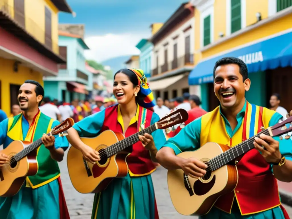 Grupo de músicos venezolanos tocando el cuatro en un festival callejero, resaltando la importancia del cuatro venezolano en la música