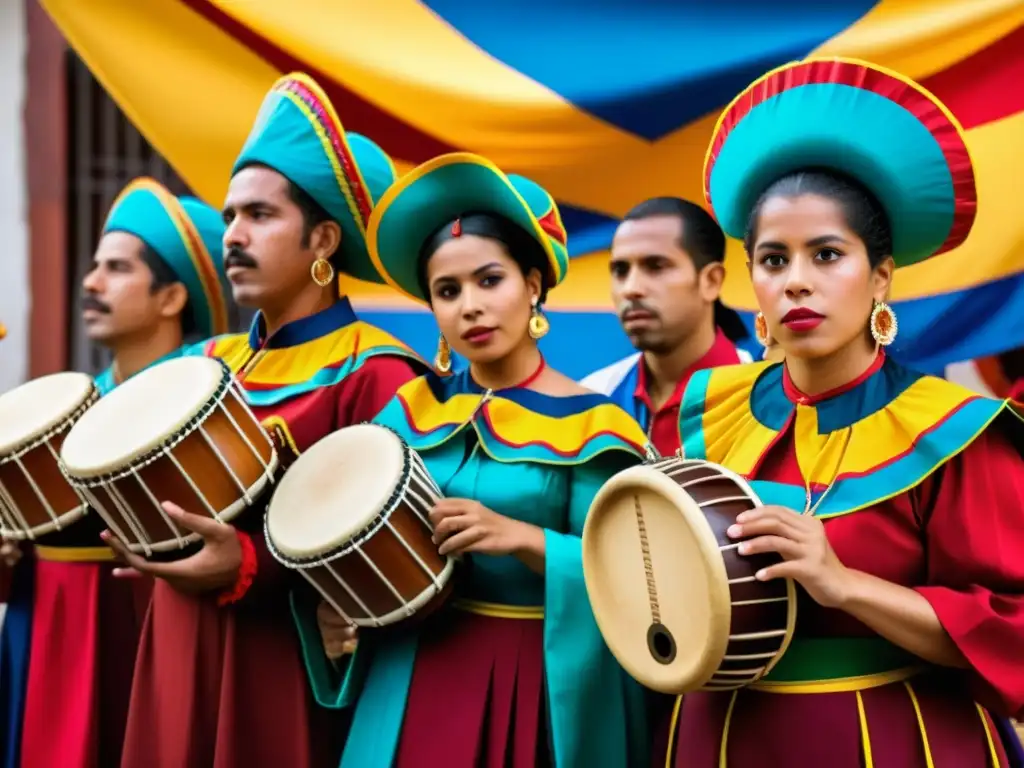 Un grupo de músicos venezolanos toca gaitas zulianas con pasión, inmersos en una atmósfera festiva y cultural