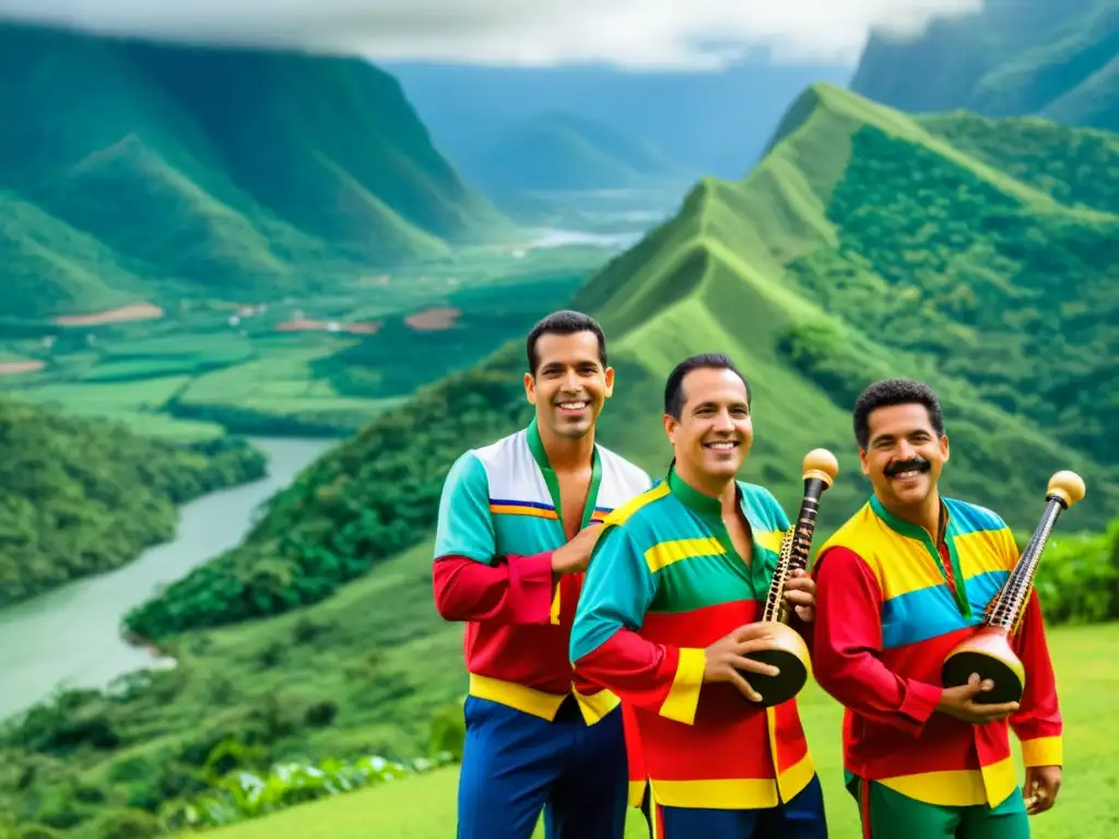 Grupo de músicos venezolanos con instrumentos tradicionales, vistiendo coloridos atuendos, en las montañas