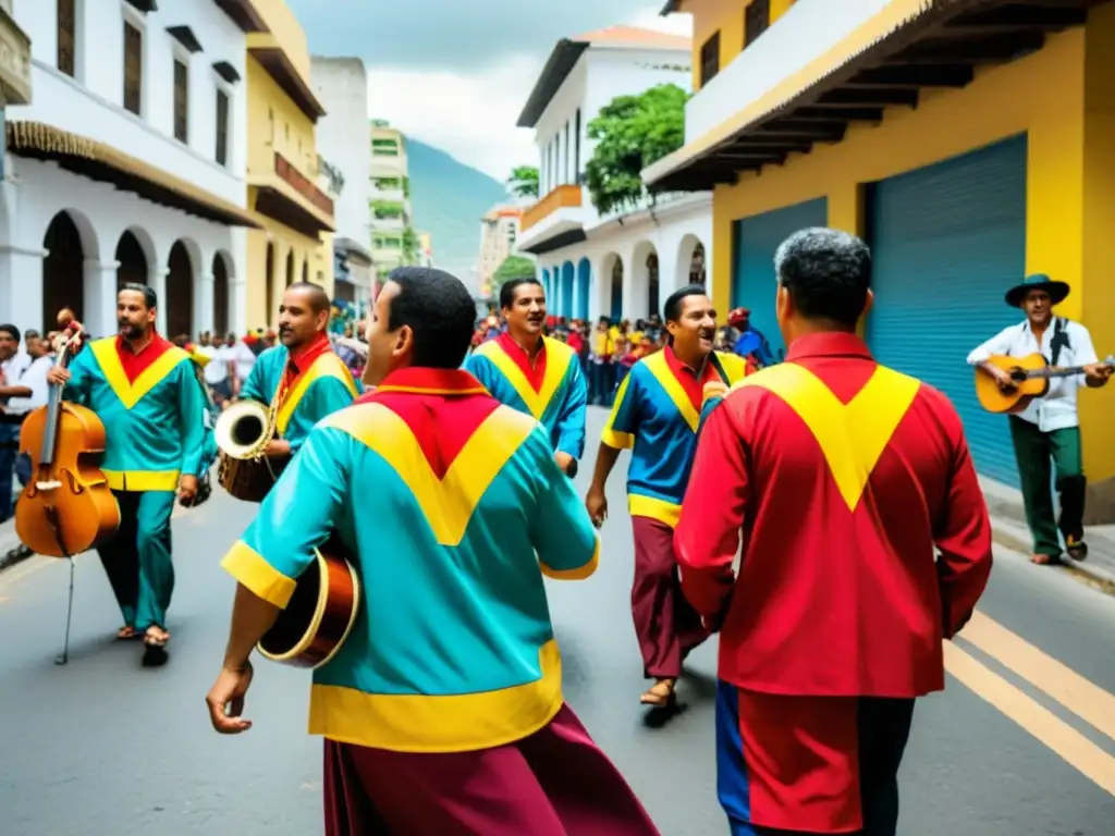 Grupo de músicos venezolanos interpretando música folclórica en una bulliciosa calle de Caracas, con vestimenta colorida y una multitud apasionada reunida a su alrededor, mostrando la expansión internacional de la música venezolana