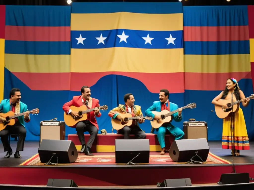 Un grupo de músicos venezolanos ofrece un vibrante espectáculo en un escenario decorado con motivos tradicionales