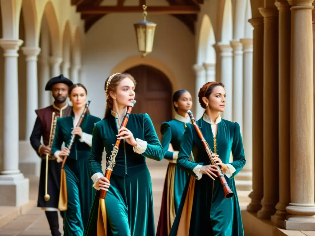 Un grupo de músicos vestidos con trajes de época interpretando flautas renacentistas en una majestuosa actuación de consort de flautas renacentistas