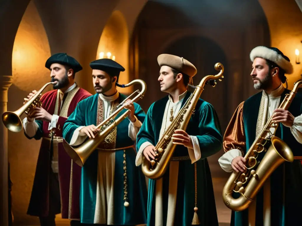 Grupo de músicos vestidos con trajes renacentistas, tocando el instrumento musical Crumhorn en una atmósfera histórica y culturalmente relevante