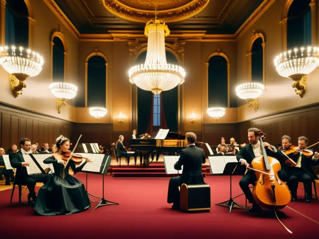 Un grupo de músicos de música barroca vestidos con trajes de época interpretando con pasión en un majestuoso salón de conciertos