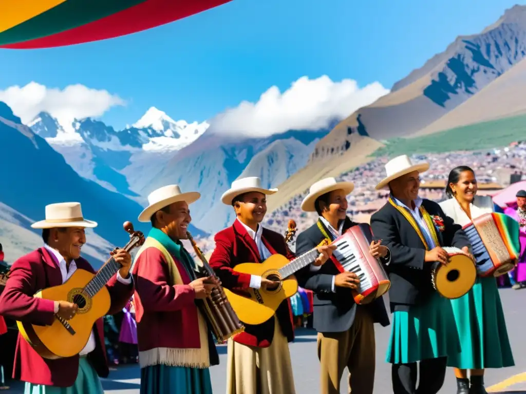 Grupo de músicos en un vibrante festival de música andina, tocando charango, rodeados de coloridos textiles y la majestuosa cordillera de los Andes