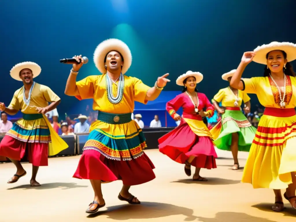 Grupo de músicos vibrantes tocando música tradicional en el Festival de Música del Pacífico en Colombia, con energía ferviente y trajes coloridos