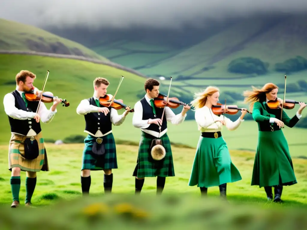 Un grupo de músicos tocando el violín en un paisaje celta, con colinas verdes y cielo soleado