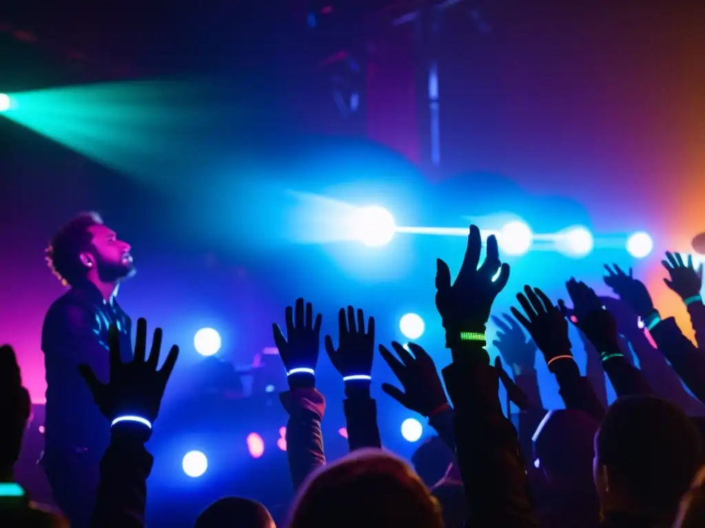 Grupo de músicos usando wearables tecnológicos para crear música en un escenario oscuro, una escena futurista y vibrante