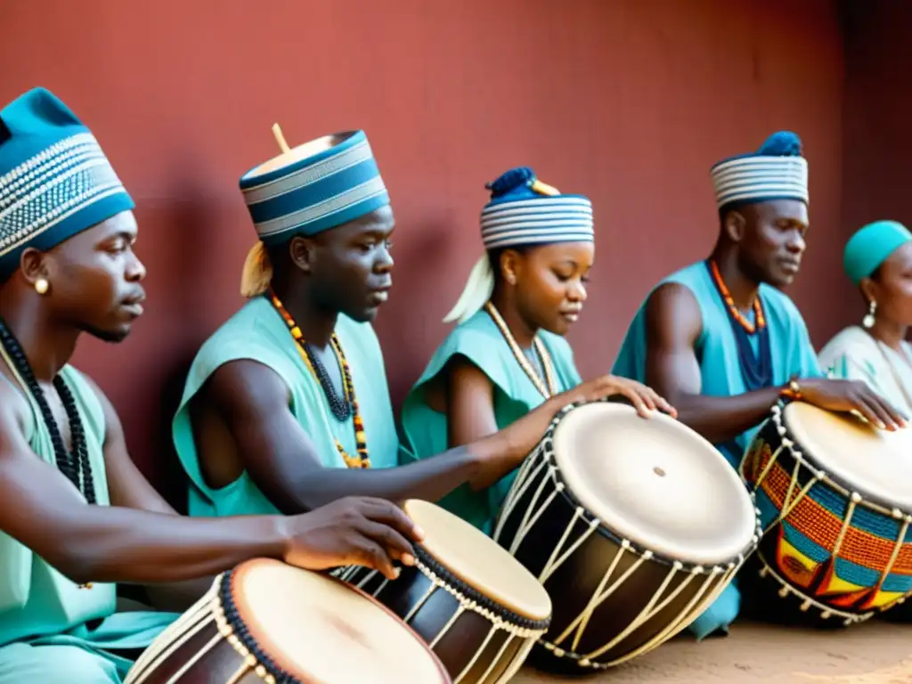 Grupo de músicos Yoruba tocando tambor batá, expresando la importancia cultural del instrumento con su música y atuendo tradicional