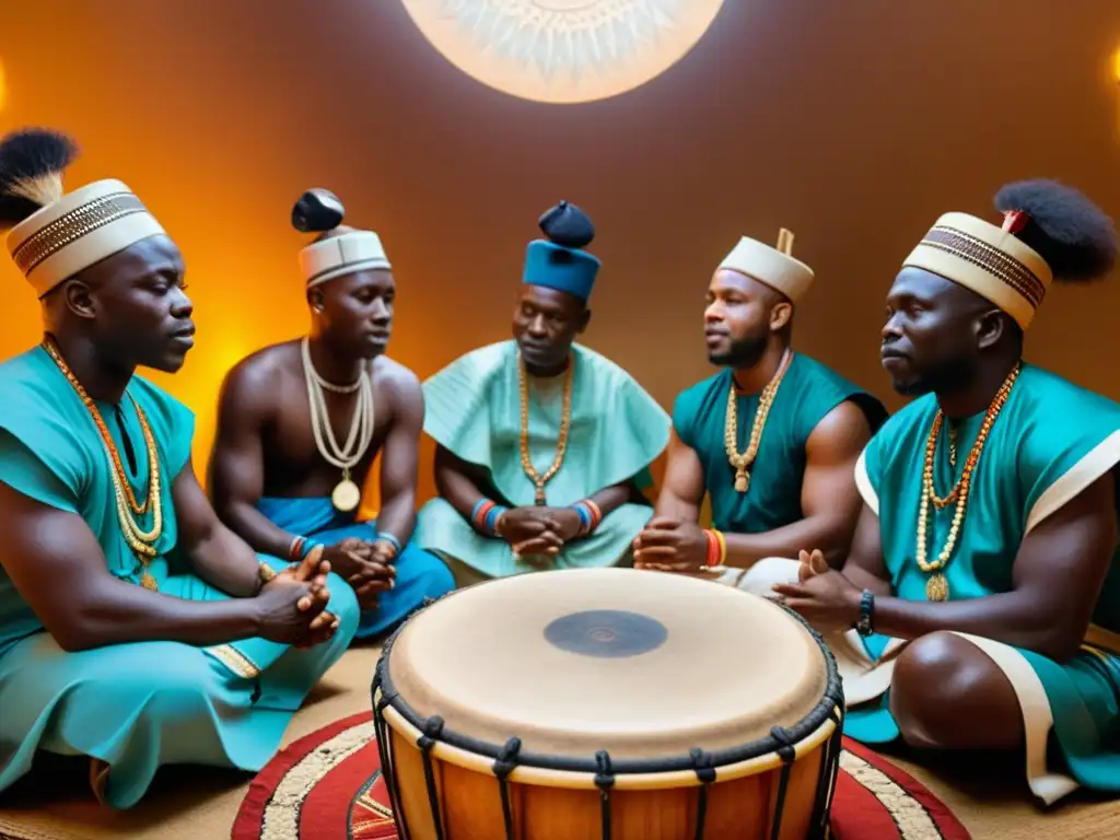 Grupo de músicos Yoruba tocando los tambores sagrados batá durante ceremonia religiosa