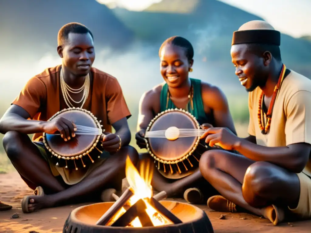 Un grupo de músicos zimbabuenses tocan el mbira alrededor del fuego, destacando la historia y relevancia cultural del mbira africano