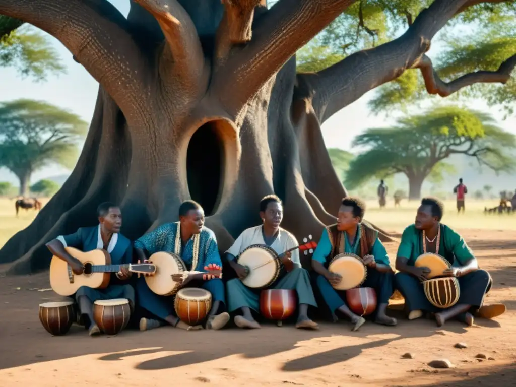 Grupo de músicos zimbabuenses tocando el Mbira bajo un árbol centenario, rodeados de admiradores