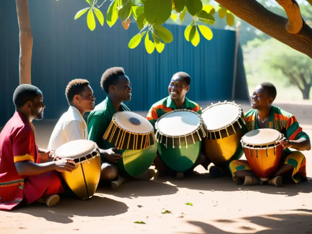 Grupo de músicos zimbabuenses tocando el mbira bajo un árbol: significado cultural del Mbira en Zimbabwe