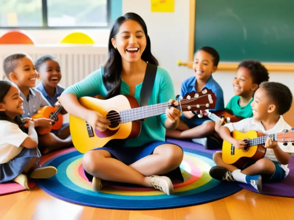 Grupo de niños tocando alegremente el ukelele en clase mientras disfrutan de los beneficios sociales del ukelele infantil