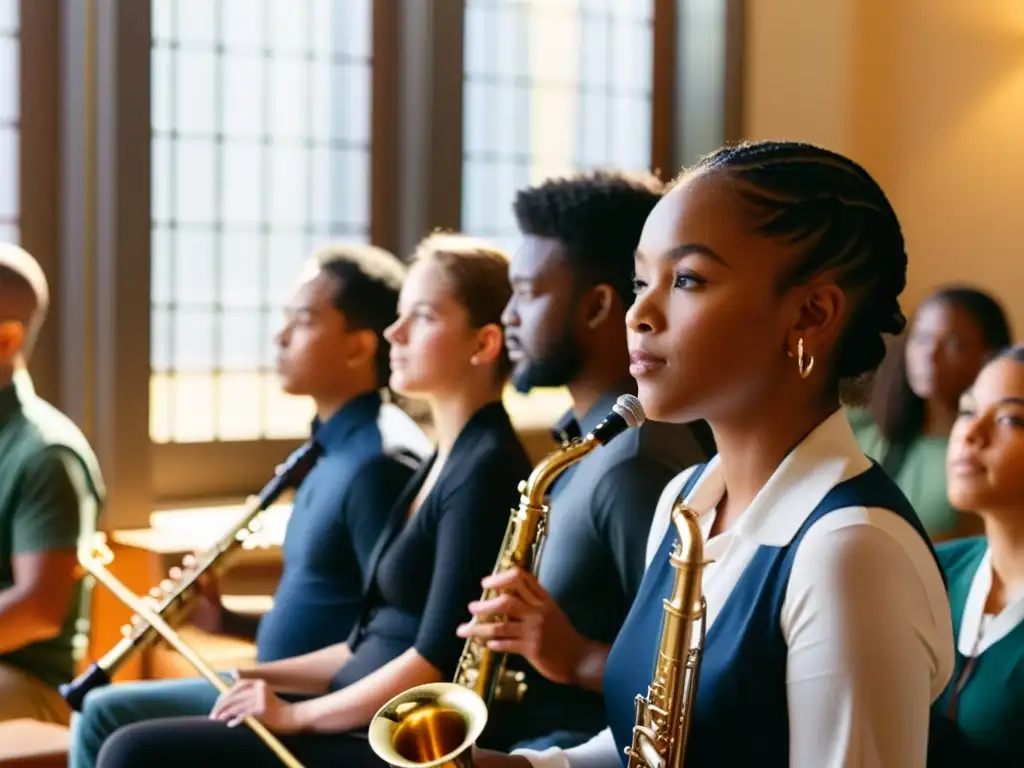 Un grupo de niños de escuela diversa aprende música con instrumentos de viento en un aula iluminada por la tarde