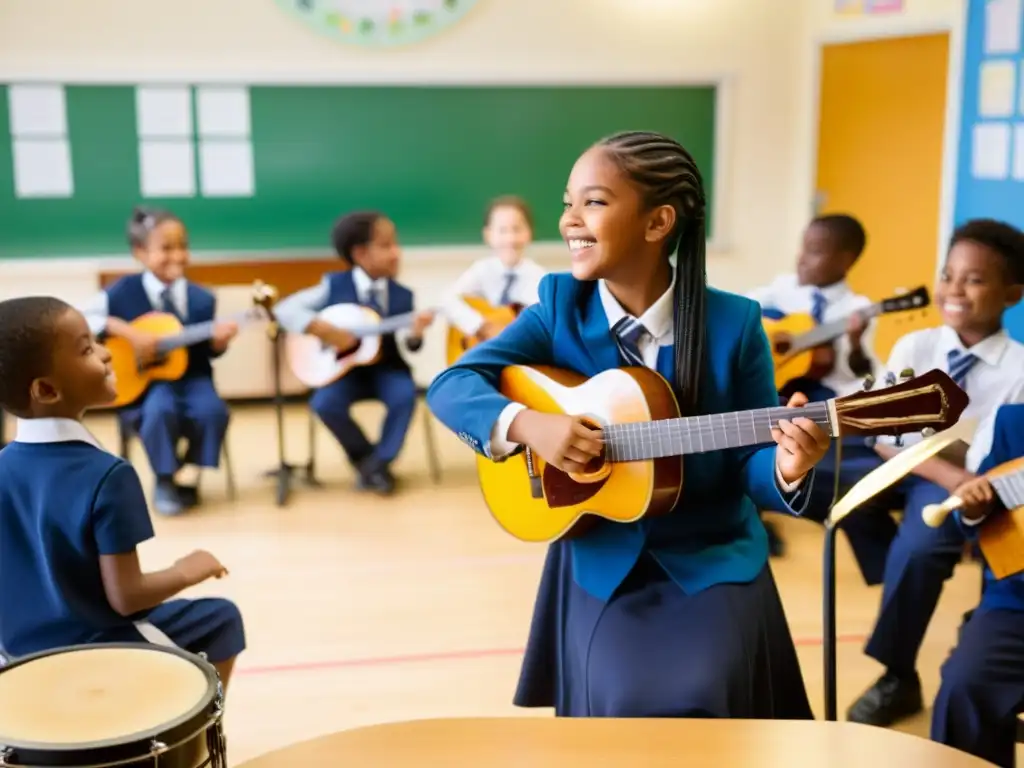 Un grupo de niños de escuela, tocando instrumentos musicales en un aula iluminada