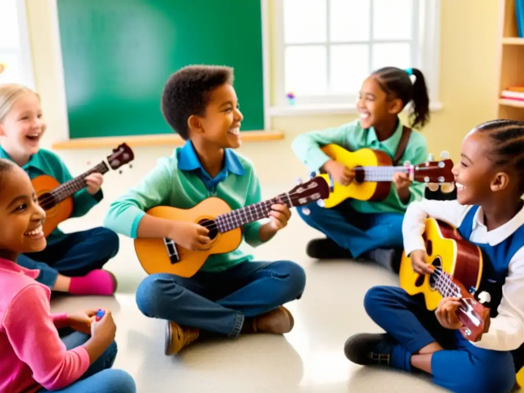 Grupo de niños felices tocando el ukelele en clase, guiados por su maestra